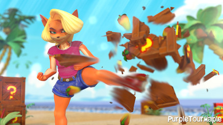 anthro beach belt blonde_hair blue_bottomwear blue_clothing blue_shorts bottomwear box breasts brown_nose clothing container crate eyelashes female food front_view fruit fur green_eyes hair kick orange_body orange_fur palm_tree pink_clothing pink_topwear plant sea shorts sky solo tan_body tan_fur thick_thighs topwear tree water wide_hips wumpa_fruit purpletourmaple jawsfm_(modeler) activision crash_bandicoot_(series) tawna_bandicoot bandicoot mammal marsupial 16:9 3d_(artwork) digital_media_(artwork) hi_res widescreen