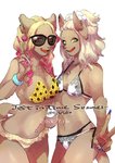 alternative_fashion anthro bikini bikini_bottom bikini_top blonde_hair breasts clothing cute_fangs duo eyewear fangs female fur ganguro_(fashion) gesture glasses gyaru hair hand_gesture j-fashion looking_at_viewer navel navel_piercing onee_gyaru piercing simple_background smile swimwear tan_body tan_fur teeth tsuyome two-piece_swimsuit v_sign white_background teteteko lookalike felid mammal 2018 sibling_(lore) sister_(lore) sisters_(lore) twins_(lore)