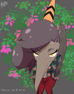 5_fingers anthro bone_frill breasts broadfall_pants clothed clothing collared_shirt crossgender dialogue dress_shirt feathered_wings feathers female fingers flower foreshortening frill_(anatomy) grey_body grey_feathers grey_hair hair humor jacket long_snout looking_at_viewer perspective plant shirt simple_background snout solo talking_to_viewer text thigh_gap topwear wings yellow_eyes vensaru cavemanon_studios goodbye_volcano_high ko_op_(game_developer) snoot_game naser_(gvh) prehistoric_species pterosaur reptile scalie absurd_res colored english_text hi_res reaction_image shaded