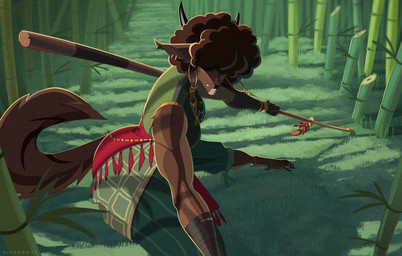 afro anklet anthro arm_wraps bamboo bamboo_forest bill_(weapon) black_nose bottomwear bracelet breasts brown_body brown_fur brown_hair claws clothing detailed_background ear_piercing ear_ring feathers female fluffy fluffy_tail forest fur grass hair harem_pants hidden_eyes holding_object holding_weapon hook hoop_ear_ring horn jewelry melee_weapon multiple_ear_piercings muscular muscular_female naginata pants piercing plant polearm rim_light ring_piercing sash shadow shirt sleeveless_shirt sleeveless_topwear small_breasts solo tail thick_thighs topwear tree tunic weapon wraps hiverdose the_crown_of_leaves koji_(glumblitz) sahash digital_media_(artwork) hi_res