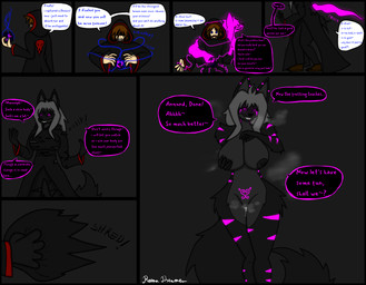 anthro big_breasts black_body black_fur black_nipples black_sclera blue_eyes bodily_fluids breasts brown_hair clothing crossgender cultist dialogue dominant dominant_female evil_grin female fluffy fluffy_tail footwear fur gender_transformation genital_fluids genitals glowing glowing_eyes glowing_markings grey_hair grin hair in_heat magic male male/female markings nipples pink_eyes pink_markings possession robe seductive sharp_teeth shoe_burst shoes smile speech_bubble steam steamy_breath steamy_vulva tail takeover tattoo tearing_clothing tearing_own_clothing teeth text thick_thighs torn_clothing transformation transformation_sequence vaginal_fluids vulva wide_hips womb_tattoo reena_dreamer canid canine canis demon human hybrid mammal succubus wolf absurd_res comic english_text hi_res