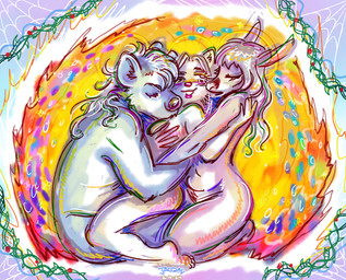 anthro bangs breasts caden_(jacqal) cheek_tuft curly_hair eyelashes eyes_closed facial_tuft feet female female/female group hair halo holding_breast lips long_hair male male/female mullet nude nude_anthro nude_female nude_male on_lap one_eye_closed romantic sitting_on_lap size_difference throuple trio tuft jacqal courtney_(jacqal) vits_(jacqal) australian_possum brushtail_possum canid canine canis common_brushtail_possum domestic_dog hyena mammal marsupial pomeranian spitz spotted_hyena 2024 colored_sketch colorful_theme digital_media_(artwork) hi_res sketch