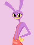 anthro clothing gloves hand_on_hip handwear looking_at_viewer male overalls purple_body simple_background smile solo standing yellow_eyes uglycoal glitch_productions the_amazing_digital_circus jax_(tadc) lagomorph leporid mammal rabbit 2023 aliasing binary_drawing digital_drawing_(artwork) digital_media_(artwork) shaded simple_shading