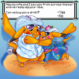 clothed clothing dress duo eyewear female feral humor male male/female speech_bubble sundress sunglasses swingers text yellow_body hirothedragon game_freak nintendo pokemon mr._windychu ms._wavychu generation_1_pokemon pikachu pokemon_(species) 1:1 english_text hi_res