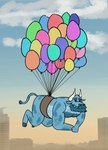 anthro balloon blue_body blue_fur facial_hair floating fur horn inflatable male overweight overweight_male solo sunset blabel bruno_(blabel) bovid bovine cattle mammal 18:25 absurd_res digital_drawing_(artwork) digital_media_(artwork) hi_res