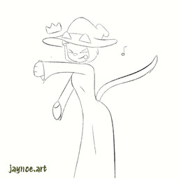anthro bangs big_hat clothing crown dancing ears_through_headwear eyes_closed female hair hat headgear headwear magic magic_user musical_note musical_symbol simple_background solo symbol tail tail_motion tailwag tongue tongue_out white_background witch witch_costume witch_hat xd jaynoedotart cat_witch_(smekbo) felid feline mammal 1:1 animated black_and_white frame_by_frame monochrome no_sound short_playtime signature sketch video