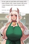 anthro apron apron_only areola bell bell_collar big_areola big_breasts big_nipples breasts clothing coffee_shop collar container count cowbell cup curvy_figure dialogue dialogue_box female green_apron green_clothing hair holding_container holding_cup holding_object holding_pen horn huge_breasts long_hair looking_at_viewer mostly_nude nipple_piercing nipple_slip nipples number pen piercing repeated_text solo speech_bubble talking_to_viewer text time timestamp voluptuous littlesheep i_mean_breast_milk mia_(littlesheep) bovid bovine cattle mammal 2021 absurd_res digital_media_(artwork) english_text hi_res meme shaded