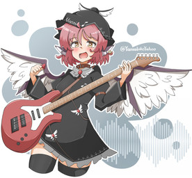 absolute_territory black_clothing black_dress black_hat black_headwear black_legwear black_thigh_highs blush brown_collar clothed clothed_female clothed_humanoid clothing collar dress electric_guitar feathered_wings feathers female guitar hair hat head_wings headgear headwear holding_guitar holding_guitar_pick holding_musical_instrument holding_object legwear musical_instrument open_mouth piercing pink_hair plucked_string_instrument puffy_sleeves ring_piercing simple_background solo string_instrument thigh_highs unusual_wing_placement wings yamabikoyahoo touhou mystia_lorelei animal_humanoid avian avian_humanoid humanoid winged_humanoid hi_res