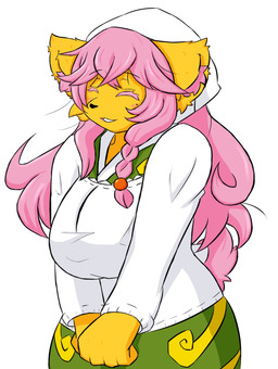 breasts female fur hair kemono long_hair pink_hair simple_background solo white_background yellow_body yellow_fur unknown_artist canid canine canis domestic_dog mammal character_request hi_res