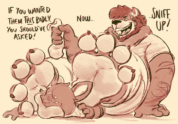 anthro big_feet claws clothed clothing dialogue duo feet foot_fetish foot_focus footwear larger_male male male/male musk size_difference sniffing sniffing_clothes sock_sniffing socks soles text toes pozole kuro_(rofakuro) steve_jovonovich bear lagomorph leporid mammal rabbit hi_res