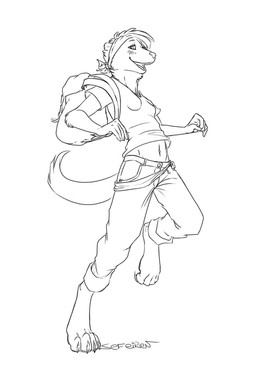 action_pose adolescent anthro backpack belly blush bottomwear breasts claws clothing denim denim_bottomwear denim_clothing feet female fur head_tuft hindpaw jeans kerchief navel pants paws pose simple_background small_breasts smile solo tail tuft white_background young young_anthro young_female conditional_dnp sefeiren deirdre mammal mink mustelid musteline true_musteline black_and_white monochrome sketch