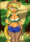 anthro anthrofied applejack_(mlp) bedroom_eyes big_breasts biped blonde_hair breasts cleavage clothed clothing dawntrotter earth_pony equid equine female freckles friendship_is_magic fur green_eyes hair half-closed_eyes hasbro hat headgear headwear hi_res horse long_hair looking_at_viewer mammal my_little_pony narrowed_eyes navel orange_body orange_fur outside pony rope seductive smile solo standing