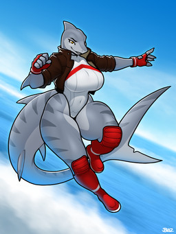 anthro big_breasts boots breasts clothing eyebrows eyelashes female fingerless_gloves footwear gloves grey_body handwear jacket leotard navel navel_outline non-mammal_breasts non-mammal_navel shoes sky solo striped_body stripes thick_thighs topwear wide_hips blazbaros aquatic fish shark 2026 3:4 hi_res