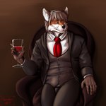 anthro chair clothed clothing fully_clothed furniture holding_object holding_wine_glass looking_away male necktie on_chair sitting sitting_on_chair solo suit hermesdidit canid canine fox mammal 1:1 hi_res