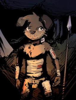 animal_genitalia animal_penis anthro balls bandage bandaged_arm bandaged_chest bandaged_leg blood bodily_fluids brown_body brown_fur collar detached_sheath freckles fully_sheathed fur genitals green_eyes male melee_weapon mostly_nude penis polearm sheath solo spear weapon young young_anthro young_male dakkawoof canid canine canis domestic_dog mammal 2023 hi_res