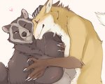 anthro black_nose breast_fondling breast_grab breast_play breasts brown_body brown_fur claws duo fangs female female/female fondling fur green_eyes grope hand_on_breast hand_on_head heart_symbol hug love one_eye_closed red_eyes scar simple_background slightly_chubby smile teeth yellow_body yellow_fur galette inari_(galette) shigaraki_(galette) canid canine fox mammal raccoon_dog tanuki 2020 hi_res