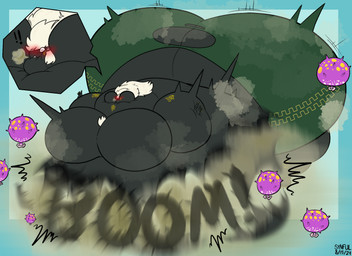 big_butt black_body blush blush_lines boom bottomwear bursting butt clothing creaking exclamation_point explosion groaning_belly hair huge_butt hyper hyper_butt male onomatopoeia popping puffed_cheeks red_blush sound_effects spores text torn_bottomwear torn_clothing white_hair synful daxl_(evillinegrimsclaw) zonai 11:8 2024 artist_name dated hi_res