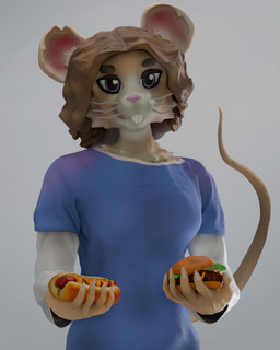 anthro blue_clothing blue_shirt blue_topwear brown_hair buckteeth burger clothing curvy_figure eyebrows fast_food female food fur grey_background hair holding_food holding_object hot_dog notched_ear pink_nose purple_eyes shirt simple_background snout solo tail tan_body tan_fur teeth topwear whiskers white_body white_clothing white_fur white_shirt white_topwear kortik mammal mouse murid murine rodent 3d_(artwork) absurd_res blender_(artwork) digital_media_(artwork) hi_res