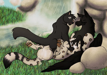 ambiguous_gender anal anal_penetration animal_genitalia balls beak big_balls black_body black_feathers black_fur bodily_fluids cowgirl_position cum cum_inside detailed_background duo feathered_wings feathers feral feral_on_feral from_front_position fur genital_fluids genitals grass interspecies leucistic male male/ambiguous melanistic nature nude on_bottom on_top outside penetration penis plant sex sheath straddling tail wings dynamo kato_yamamoto_(artist) mythology the_shadow_of_light faunoiphilia shads avian bird corvid corvus_(genus) felid gryphon jaguar mammal mythological_avian mythological_creature oscine pantherine passerine raven hi_res
