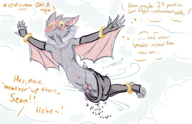 animal_genitalia balls blush clothing cloud embarrassed facial_piercing flying genitals leggings legwear male nose_piercing nose_ring piercing ring_piercing sheath solo text wardrobe_malfunction wind frist44 sean_(seanthebat) bat mammal 2023 english_text hi_res