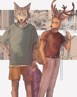anthro antlers backpack bottomwear brown_body brown_fur cheek_tuft cigarette clothing duo facial_tuft fur grey_body grey_fur horn looking_at_another male pants shirt shorts smoke t-shirt topwear tuft hoookerii beastars legoshi_(beastars) louis_(beastars) canid canine canis cervine deer mammal red_deer wolf 2020 4:5 hi_res