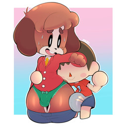 anthro big_bulge blush blush_stickers bodily_fluids bottomwear bottomwear_down breath brown_body brown_fur brown_hair buckteeth bulge clothed clothing crossdressing duo femboy fur hair jacket lingerie male male/male necktie open_mouth panting pants pants_down partially_clothed shorts shortstack shortstack_male smile sweat teeth thick_thighs topwear underwear wide_hips ciavs animal_crossing nintendo digby_(animal_crossing) villager_(animal_crossing) canid canine canis domestic_dog human mammal 1:1 hi_res