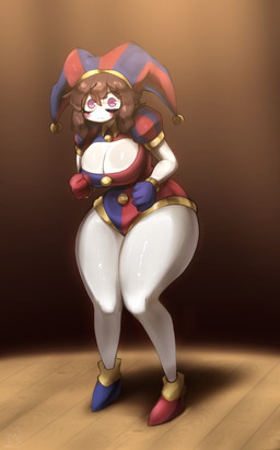 big_breasts breasts brown_hair female hair jester jester_outfit pupils shy solo thick_thighs unusual_pupils wide_hips shoko_steff glitch_productions the_amazing_digital_circus pomni_(tadc) humanoid hi_res