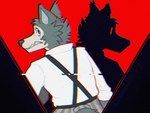 altered_shadow anthro clothed clothing frown fully_clothed fur glitch grey_body grey_fur grimace horror_(theme) looking_back male rear_view red_background scared shadow shirt silhouette simple_background solo suspenders topwear white_clothing white_shirt white_topwear crownedvictory beastars patreon legoshi_(beastars) canid canine canis mammal wolf 2022 absurd_res black_and_white_and_red digital_media_(artwork) half-length_portrait hi_res portrait