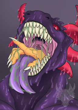 anthro anthro_pred bodily_fluids dripping duo fangs goo_drip hand_in_mouth horn larger_anthro larger_male larger_pred male male_pred male_prey mouth_shot muscular muscular_anthro muscular_male open_mouth purple_body purple_flesh red_eyes saliva saliva_drip saliva_on_tongue saliva_string sharp_teeth size_difference slime soft_vore spiked_tail spikes spikes_(anatomy) swallowing tail teeth throat vore willing_pred skrymer1 mythology devourer_(razor_koopa) source_(challengerfool) dragon goo_creature goo_dragon mythological_creature mythological_scalie scalie 2022 absurd_res hi_res