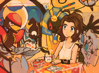 ambiguous_gender beverage blue_eyes brown_hair chair clothing container cup female fingers floating fur furniture grey_body group hair heart_symbol holding_object holding_teapot inside mouth_closed on_chair paws pupils red_eyes sharp_teeth sitting sitting_on_chair table teapot teeth text text_on_container white_clothing white_sclera louysecosa nintendo pokemon hilda_(pokemon) bisharp chandelure cofagrigus generation_5_pokemon human humanoid klang mammal minccino pokemon_(species) sigilyph 2025 english_text hi_res