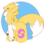 anthro blue_eyes closed_smile female fur looking_at_viewer markings mouth_closed narrowed_eyes nude pink_markings side_view simple_background slight_smile smile solo standing white_body white_fur yellow_body yellow_fur hardscales bandai_namco digimon digimon_(species) renamon 2021 dated signature