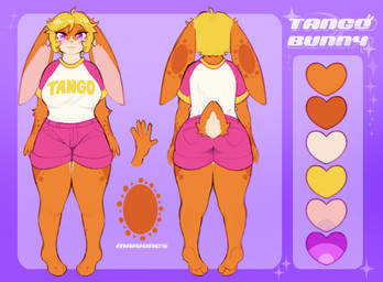 anthro big_breasts blonde_hair bottomwear breasts clothing female hair shirt shorts solo t-shirt topwear pawberry tangobunny lagomorph leporid mammal rabbit hi_res model_sheet