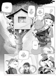 anthro backpack backwards_baseball_cap backwards_hat baseball_cap biped chips_(food) clothed clothing dialogue duo eating eye_contact eyebrows female fingerless_gloves food gloves hair handwear hat headgear headkerchief headwear kerchief looking_at_another male male/female open_mouth plant shirt short_hair speech_bubble tank_top teeth text tomboy tongue topwear tree tree_house young young_anthro young_female horemheb billie_(horemheb) jean_(horemheb) canid canine fox haplorhine mammal monkey primate 2024 absurd_res comic english_text hi_res monochrome