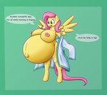 anthro anthrofied areola bathrobe belly big_belly big_breasts blue_eyes breasts clothing female fur hair hyper hyper_pregnancy navel nipples outie_navel pink_hair pregnant pregnant_anthro pregnant_female robe solo speech_bubble text undressing wings yellow_body yellow_fur forfun41 friendship_is_magic hasbro my_little_pony mythology fluttershy_(mlp) equid equine mammal mythological_creature mythological_equine pegasus 2018 hi_res