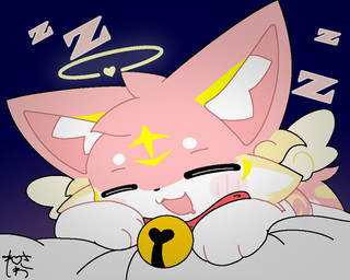 bell blush chibi eyes_closed female feral fur head_markings lying markings multicolored_body multicolored_fur paws pink_body pink_fur sleeping solo sound_effects vowelless vowelless_sound_effect white_body white_fur wings zzz neisawa neisawa(neisawawww) canid canine fox mammal 5:4
