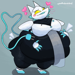 anthro belly big_belly big_breasts bite biting_lip biting_own_lip black_body black_eyebrows blue_hair blue_tail blue_teeth breasts clothing empty_eyes eyebrows eyelashes female floating_hands footwear grey_background hair huge_belly huge_breasts huge_thighs hyper hyper_belly machine navel obese obese_anthro obese_female overweight overweight_anthro overweight_female pink_cheeks self_bite shoes simple_background solo tail teeth text thick_thighs three-quarter_view topwear white_clothing white_ears white_footwear white_shoes white_topwear yellow_eyes uponthebunkbed deltarune undertale_(series) tasque_manager darkner robot robot_anthro 1:1 2026 artist_name colored digital_media_(artwork) hi_res shaded