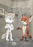 anthro bathroom blue_eyes briefs brown_eyes clothing duo ears_up looking_at_another looking_at_partner male male/male shota shower shy soap style_emulation text underwear young wolfyalex96 disney zootopia alaskan_malamute canid canine canis domestic_dog fox husky mammal nordic_sled_dog spitz hi_res