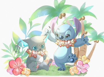 3_toes 4_fingers 4_toes anthro biped blue_body blue_eyes blue_fur blue_nose blue_pawpads blue_sclera coconut coconut_tree drupe_(fruit) duo feet feral fingers flower food fruit fruit_tree fur gesture grey_body grey_fur hand_gesture happy hibiscus lei lei_only male no_sclera notched_ear on_one_leg palm_tree pawpads pink_pawpads plant pupils quadruped shaka_sign simple_background sitting standing tail teal_eyes teal_pupils toes tree unusual_anatomy unusual_tail white_background datura_7357 disney lilo_and_stitch twisted-wonderland grim_(twisted-wonderland) stitch_(lilo_and_stitch) alien domestic_cat experiment_(lilo_and_stitch) felid feline felis mammal 2023 2025 crossover hi_res