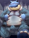 anthro belly blue_body blush bodily_fluids bottomwear bulge clothed clothing erection erection_under_clothing inside kemono male overweight overweight_male pants shirt solo sweat topwear avoid_posting wanisuke nintendo pokemon blastoise generation_1_pokemon pokemon_(species) 2021 hi_res