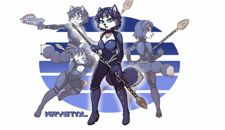anthro blue_body blue_fur female fur green_eyes jewelry necklace solo spacesuit staff standing luraiokun nintendo star_fox krystal_(star_fox) canid canine fox mammal hi_res multiple_images