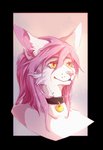 anthro border cheek_tuft collar eyelashes facial_tuft femboy hair male markings pink_eyelashes pink_hair pink_markings simple_background solo transparent_border tuft yellow_eyes ravoilie saint_(character) felid feline mammal tag_(disambiguation) alpha_channel headshot_portrait hi_res portrait