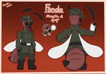 3_fingers antennae_(anatomy) anthro arthropod_abdomen badge belt belt_buckle black_eyes black_sclera boots bottomwear brown_uniform buckle clothed clothing compound_eyes fingers footwear hat headgear headwear insect_wings male male_anthro markings military_cap military_hat military_jacket military_uniform multicolored_body pants proboscis_(anatomy) red_body red_markings red_skin shoes short_male simple_background solo striped_body striped_markings striped_tail stripes tail tail_markings text topwear two_tone_body uniform unusual_mouth wings ner0_kobold fondo_(ner0_kobold) alien arthropod fly_(animal) insect lepidopteran mosquito 2023 artist_name colored digital_drawing_(artwork) digital_media_(artwork) handwritten_text hi_res model_sheet signature watermark