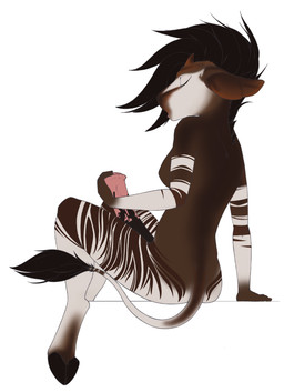 animal_genitalia animal_penis anthro black_hair breasts brown_body equine_genitalia equine_penis eyes_closed fingers fur genitals gynomorph hair hooves intersex mane mane_hair masturbation penis side_boob sitting solo striped_body striped_fur stripes venisin mira_(venisin) giraffid mammal okapi