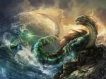 anthro body_size_growth duo_focus female feral group head_crest levitation long_neck long_tail macro magic magic_user open_mouth outside sea seashore size_transformation sky skyscape split_form tail text transformation water wave magali_villeneuve hasbro magic:_the_gathering wizards_of_the_coast kiora humanoid lizard marine merfolk reptile scalie english_text official_art