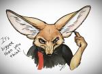 anthro black_nose brown_body brown_eyes brown_fur claws clothed clothing fur gesture hand_gesture long_ears male pointing simple_background snarling solo text whiskers white_background white_body white_fur chickenzaur disney zootopia finnick_(zootopia) canid canine fennec_fox fox mammal true_fox traditional_media_(artwork)