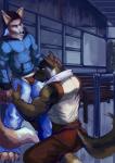 anthro arm_by_side athletic bench bent_arm bent_legs biceps biped black_nose blue_eyes bottomwear brown_body brown_fur bulge can_i_touch_it canid canine canis claws clothing crotch_sniffing crouching digital_media_(artwork) domestic_dog duo fox fur grabbing_both_legs grabbing_both_thighs grin hand_on_another's_head hand_on_head hands_on_legs hands_on_thighs hat head_grab headgear headwear hoodie kneeling linlvjia looking_at_another looking_at_crotch looking_at_partner looking_down male male/male mammal muscular outside pants pose shirt smile sniffing standing straight_arm straight_legs tan_body tan_fur toe_claws topwear underwear undressing vein yellow_eyes