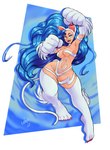 5_fingers blue_hair breasts claws eyelashes female finger_claws fingers fur geometric_background green_eyes hair long_hair open_mouth simple_background solo tail toe_claws white_body white_fur jamoart capcom darkstalkers felicia_(darkstalkers) animal_humanoid felid felid_humanoid humanoid mammal mammal_humanoid 2024 absurd_res hi_res