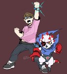 anthro brown_hair clothing digivice duo eye_patch eyewear gloves hair handwear horn male scarf sketchy white_body tatertottoto bandai_namco digimon digimon_(species) gammamon human mammal hi_res