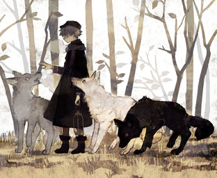 ambiguous_gender black_body black_fur boots breath clothing feral footwear forest fur grass grey_body grey_fur group hat headgear headwear lamp lantern male plant scarf shoes tree walking white_body white_fur rt0no canid canine canis human mammal wolf digital_media_(artwork) digital_painting_(artwork) painting_(artwork)