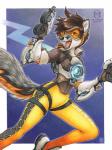 alternate_species anthro brown_hair clothed clothing dual_wielding ear_piercing eyewear female fur gun hair handgun holding_gun holding_object holding_ranged_weapon holding_weapon inner_ear_fluff looking_at_viewer open_mouth piercing pistol ranged_weapon short_hair solo tail tuft weapon kacey blizzard_entertainment overwatch tracer_(overwatch) canid canine fox mammal 2018 traditional_media_(artwork)